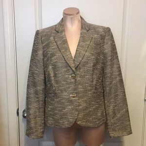 🌬CALVIN KLEIN Tweed Shimmer Metallic 2-Button Blazer Suit Jacket 14 Cream Gold